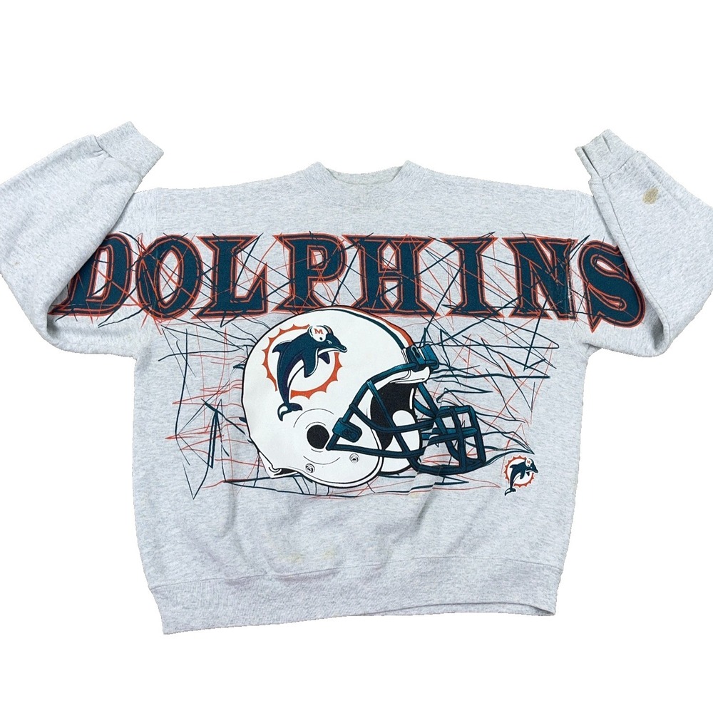 Vintage Miami Dolphins Sweatshirt Men XL Crewneck 90s Big Spell Out AOP Boxy